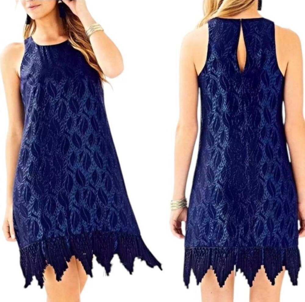 Lilly Pulitzer Marquette silk metallic blue leaf jacquard fringe dress Size M